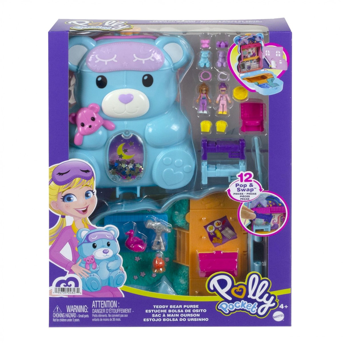 HGC39 jouet pour enfant thème soirée pyjama avec 2 mini-figurines et 16 accessoires Polly Pocket Coffret Sac à Main Ourson Surprises 